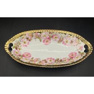 Antique Bavaria Pink Floral Trinket Tray Oval Gold Gilt Vanity Serving Plate
